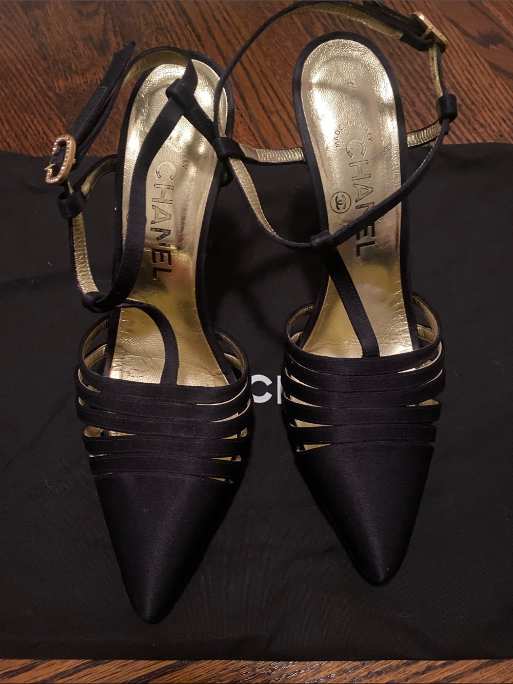 CHANEL Black Satin Pointed Toe Multi-Strap Slingback Heels with Gold Insole